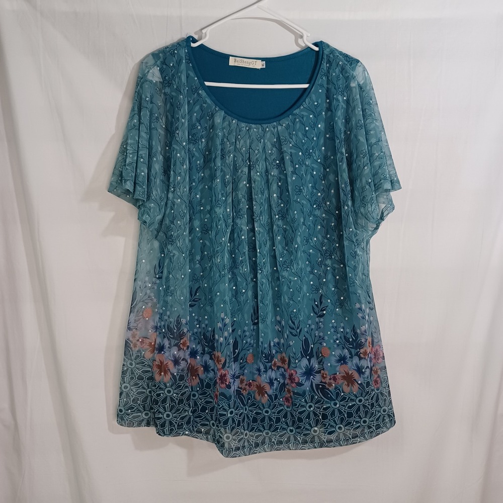 Women's BaiShengGT Sheer w/ Lining Blue Floral Tunic w/ Glitter Spots Size XL